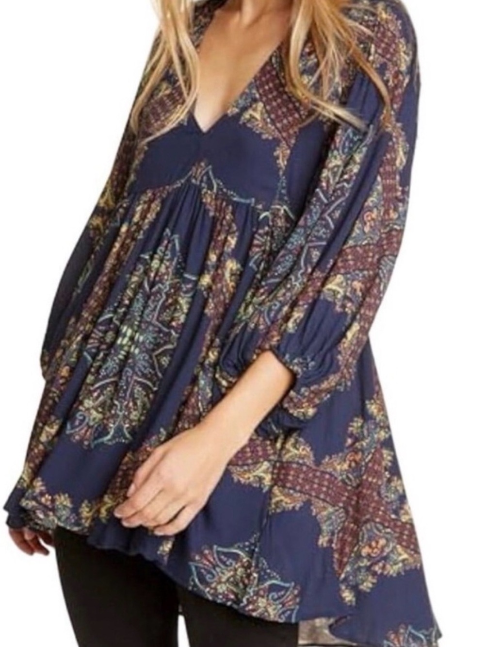 NWT Beautiful Free People Girl Talk Hi-Low Tunic Dress Boho Navy Combo Size XS